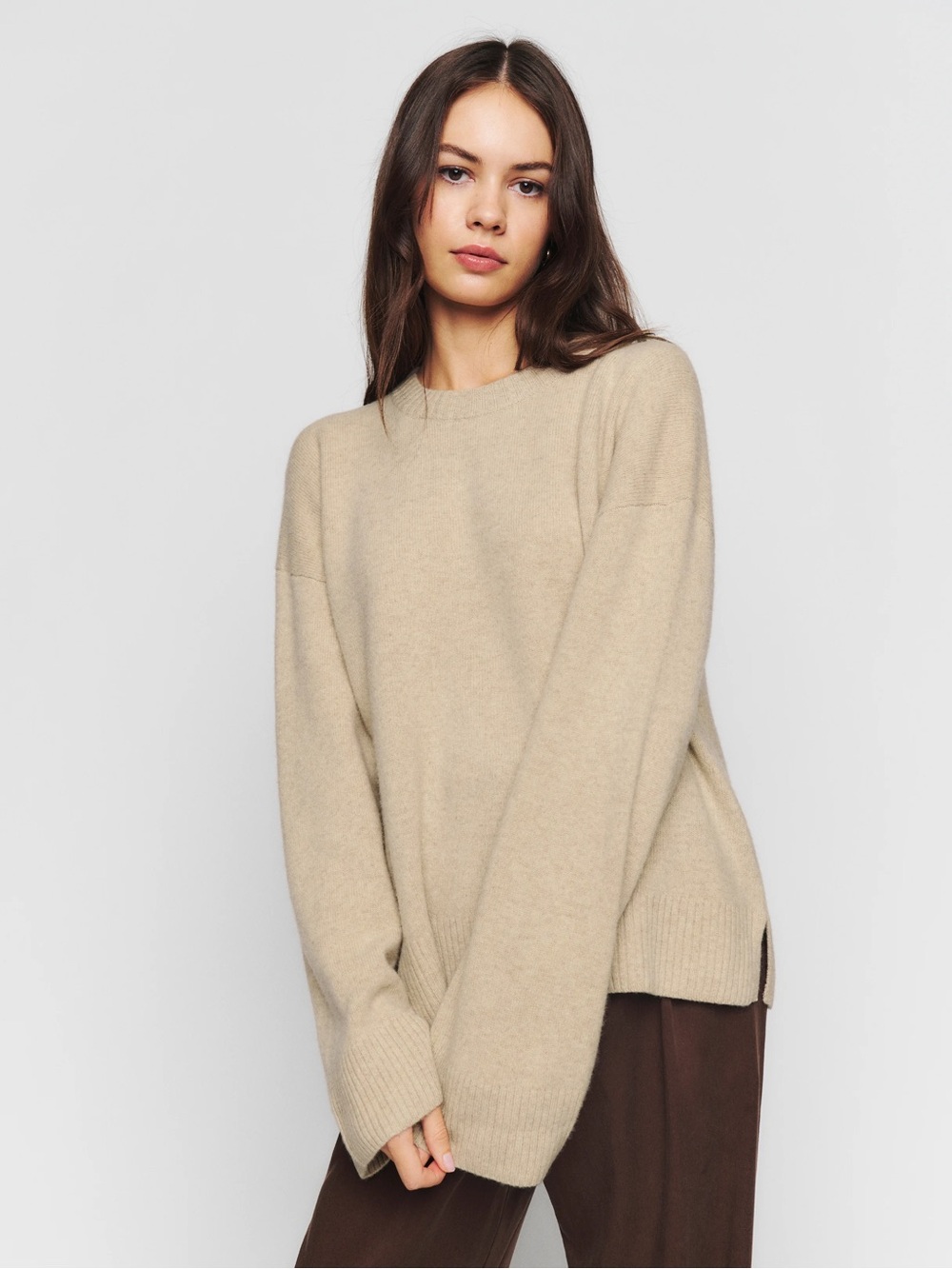 NEW Reformation Edna Cozy Crewneck Wool Sweater in Beige